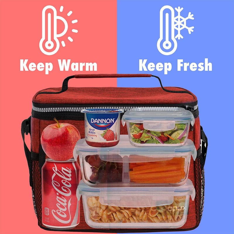 opux Insulated Lunch Bag for Men Women, Leakproof Heather Red Lunch Box for Work, Portable Soft Lunch Cooler Bag with Shoulder Strap, Adult Lunchbox Lunch Pail for Kid Boy Girl School, 14 Can/8L - Image 2
